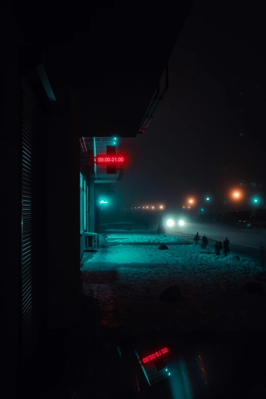 a car parked on the side of a road at night, inspired by Elsa Bleda, dark city bus stop, snowstorm, ambient teal light, maxim sukharev