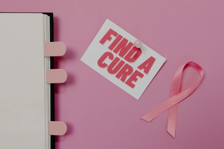 a note that says find a cure next to a pink ribbon, trending on pexels, hurufiyya, full body image, medical book, profile picture, benefit of all