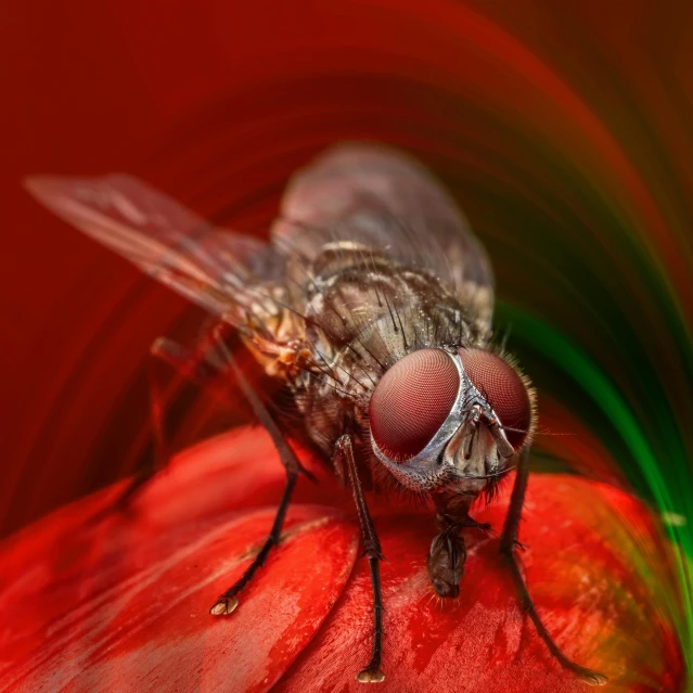 a close up of a fly on a red flower, by Jan Rustem, pixabay contest winner, art photography, mangeta smoke red light, looking at the camera, digital ilustration, medical