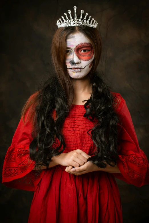 a woman in a red dress with a crown on her head, a portrait, inspired by Ayako Rokkaku, pixabay contest winner, skull face paint, mummy portrait, pixar portrait 8 k photo, teenage girl