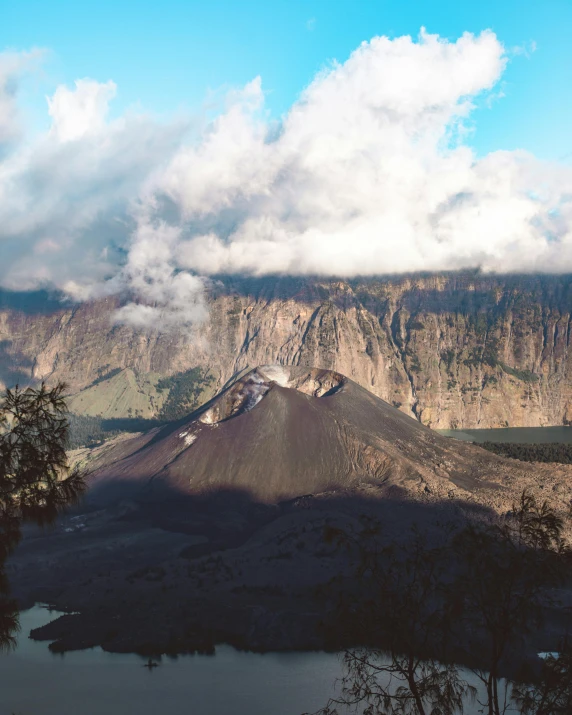 a view of a mountain with a lake in the foreground, by Alison Geissler, pexels contest winner, sumatraism, infographic of active volcanoes, background image, dusty rock in background, panoramic shot