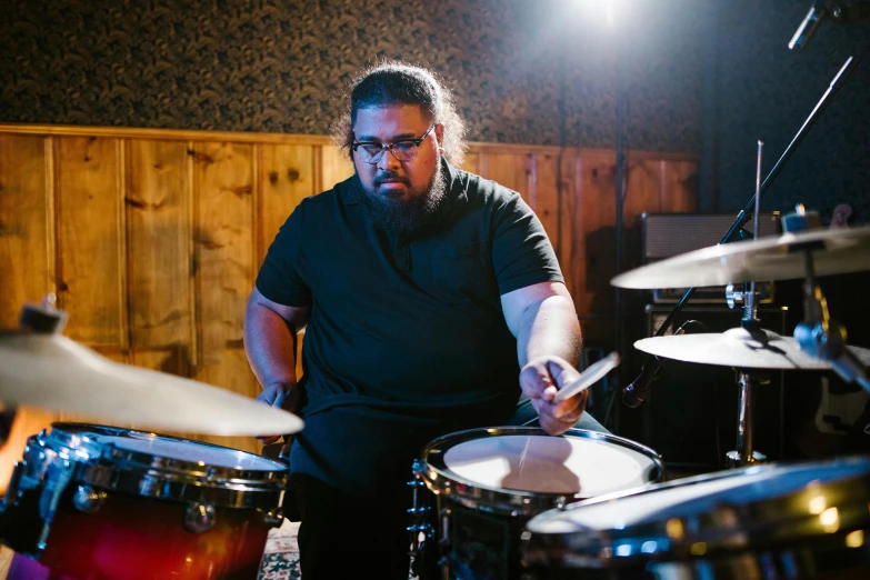 a man playing drums in a recording studio, a portrait, by Meredith Dillman, unsplash, action bronson, avatar image, giga chad capaybara, b - roll