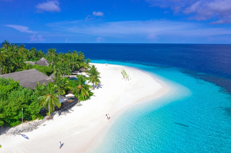 a white sandy beach surrounded by palm trees, a screenshot, pexels contest winner, maldives in background, birds eye, thumbnail, luxurious environment