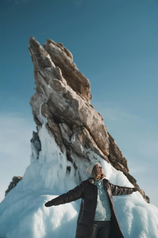 a man standing on top of a snow covered mountain, a statue, prop rocks, felix englund style, woman posing, profile image