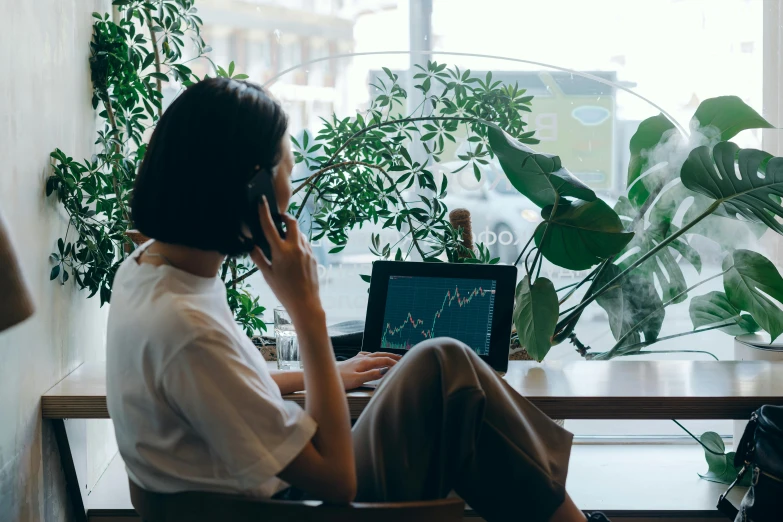 a woman sitting at a table talking on a cell phone, trending on unsplash, window sill with plants, excel running on the computer, pictured from the shoulders up, 🦩🪐🐞👩🏻🦳