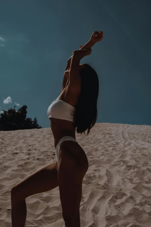 a woman standing on top of a sandy beach, pexels contest winner, arabesque, cottagecore!! fitness body, gif, profile image, bella poarch
