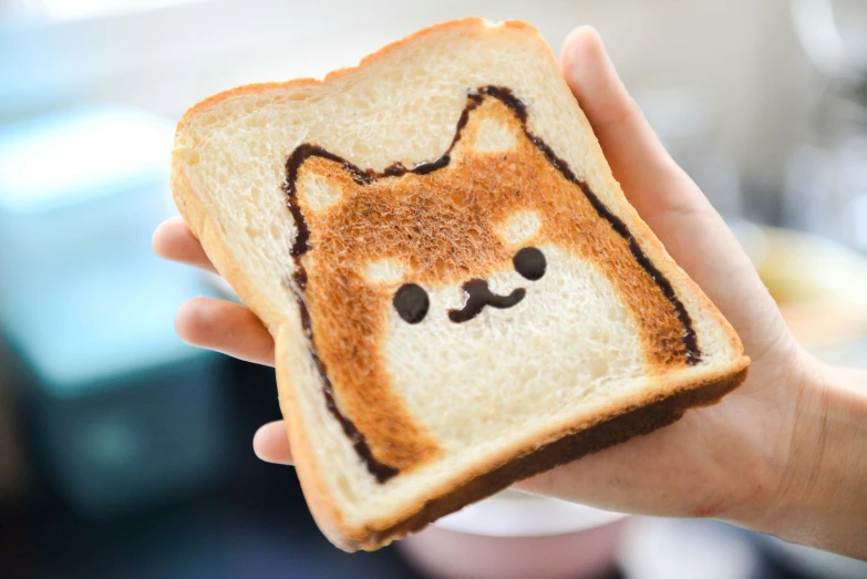 a person holding a piece of toast with a dog drawn on it, inspired by Shiba Kōkan, trending on pexels, sōsaku hanga, kawaii hairstyle, square, made of baked beans, loaves