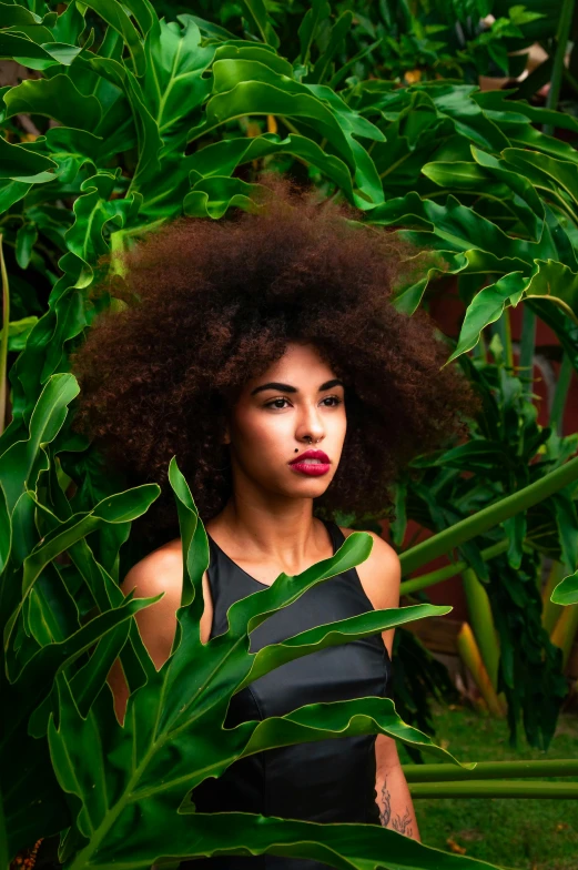 a woman standing in the middle of a lush green garden, pexels contest winner, afrofuturism, big hair, photo of a model, black young woman, tropical leaves