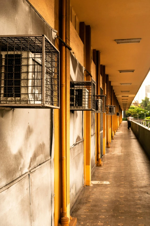 a row of cages on the side of a building, pexels contest winner, bengal school of art, bangkok, walkway, yellow walls, today\'s featured photograph 4k