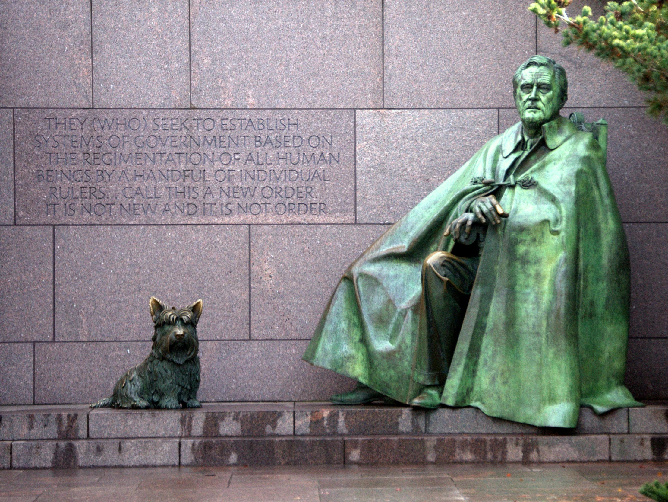 a statue of a man sitting next to a dog, a statue, inspired by Winston Churchill, unsplash, green fur, smithsonian, racoon dog, josip broz tito