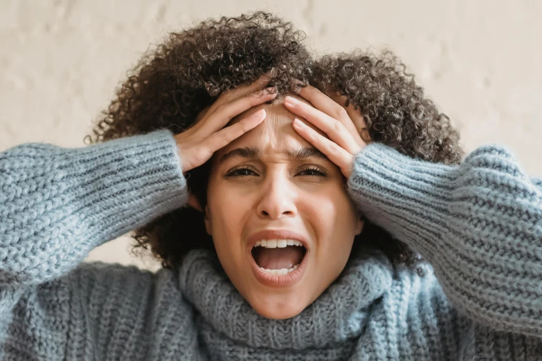 a woman covering her eyes with her hands, pexels, renaissance, screaming in pain, wavy hair spread out, stacked image, thumbnail