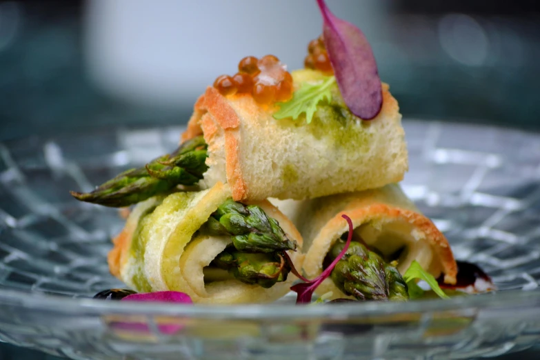 a close up of a plate of food on a table, asparagus, pastry, square, image