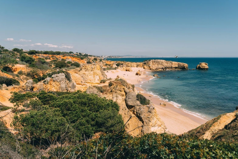 a sandy beach next to the ocean on a sunny day, pexels contest winner, renaissance, sharp cliffs, rocha, thumbnail, 90s photo