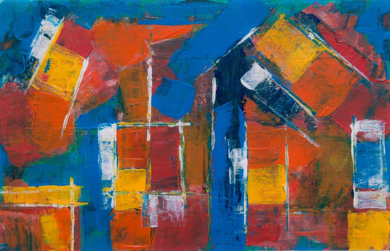 a painting with red, yellow and blue colors, flickr, abstract expressionism, wooden houses, blue and orange, 90's modern art, 'untitled 9 '