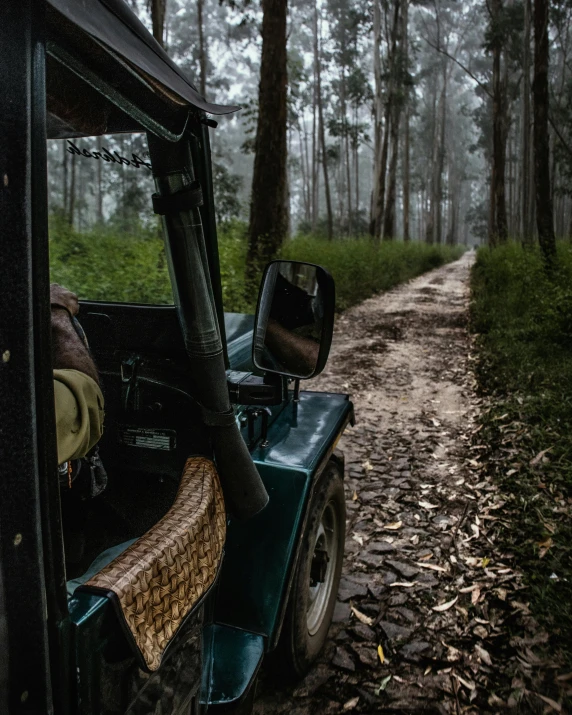 a jeep driving down a dirt road in the woods, an album cover, pexels contest winner, sumatraism, thumbnail, sri lanka, vintage car, helmet view