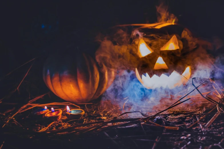 a couple of pumpkins sitting next to each other, pexels contest winner, vanitas, witch burning, avatar image, dry ice, opening shot