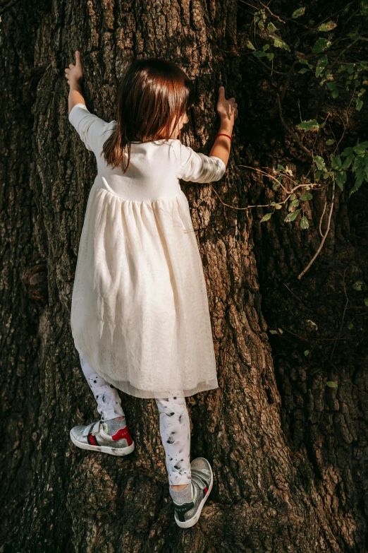 a little girl climbing up the side of a tree, inspired by Elsa Beskow, pexels contest winner, arabesque, white tights covered in stars, 15081959 21121991 01012000 4k, organic dress, small