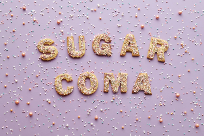 a sugar cookie with the word sugar coming out of it, an album cover, by Nicolette Macnamara, dada, bubble letters, popstar comeback single, puṣkaracūḍa, teaser