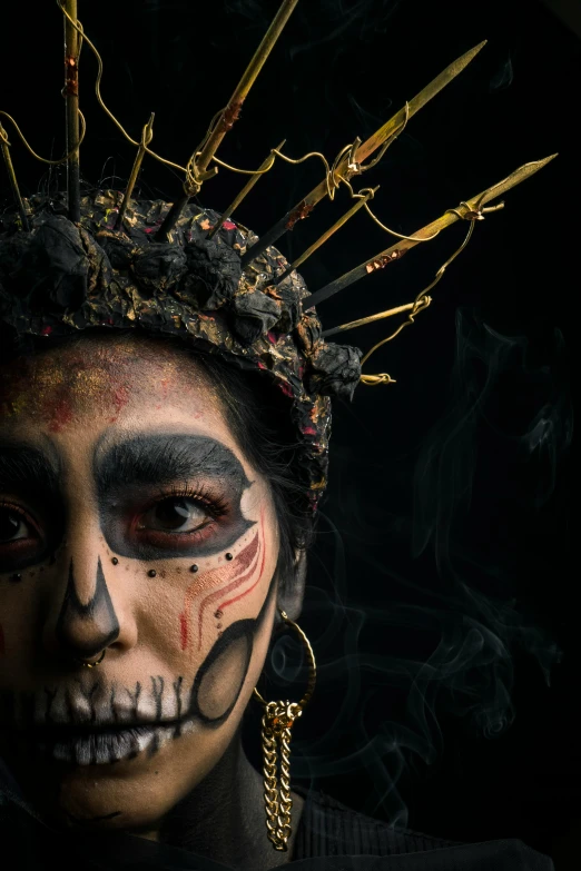 a close up of a person wearing a skull makeup, a portrait, by Alejandro Obregón, pexels contest winner, gold crown and filaments, aztec princess portrait, full view of face and body, ((portrait))