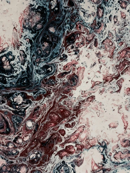 a close up of a liquid substance on a surface, reddit, generative art, indigo and venetian red, ivory and black marble, maroon mist, canvas