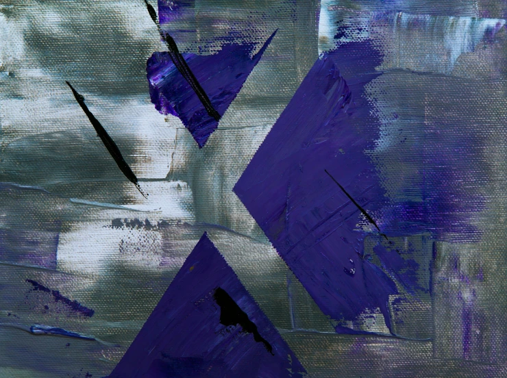 a close up of a painting on a wall, inspired by Attila Meszlenyi, pexels contest winner, abstract expressionism, purple crystal inlays, x logo, blue and grey, (night)