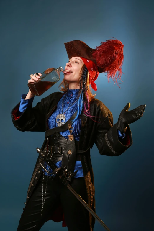 a woman dressed as a pirate drinking from a bottle, a portrait, inspired by Aertgen van Leyden, pexels, male jester, felicia day, square, triumphant pose