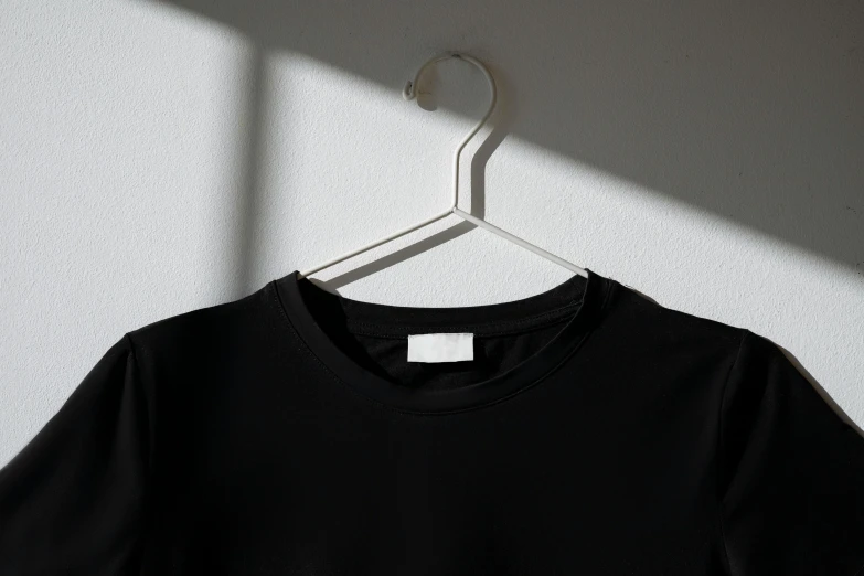 a black t - shirt hanging on a hanger, inspired by Thomas Häfner, unsplash, minimalism, featuring rhodium wires, wearing a black sweater, made of rubber, winter sun