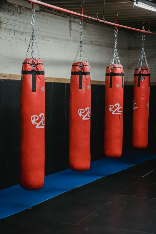 a row of boxing punching bags in a gym, featured on reddit, process art, red hoods, premium quality, thumbnail, dark. no text