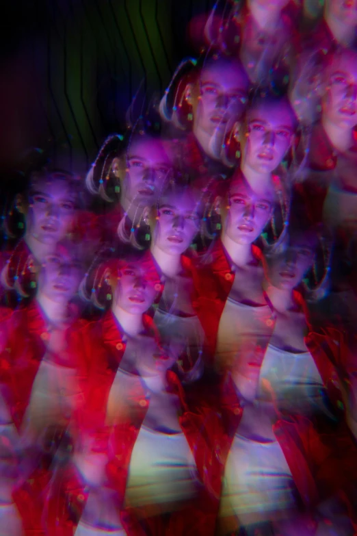 a group of people standing next to each other, a hologram, inspired by Victor Moscoso, flickr, looks a blend of grimes, close - up of the faces, vhs distortions, in the astral plane ) ) )