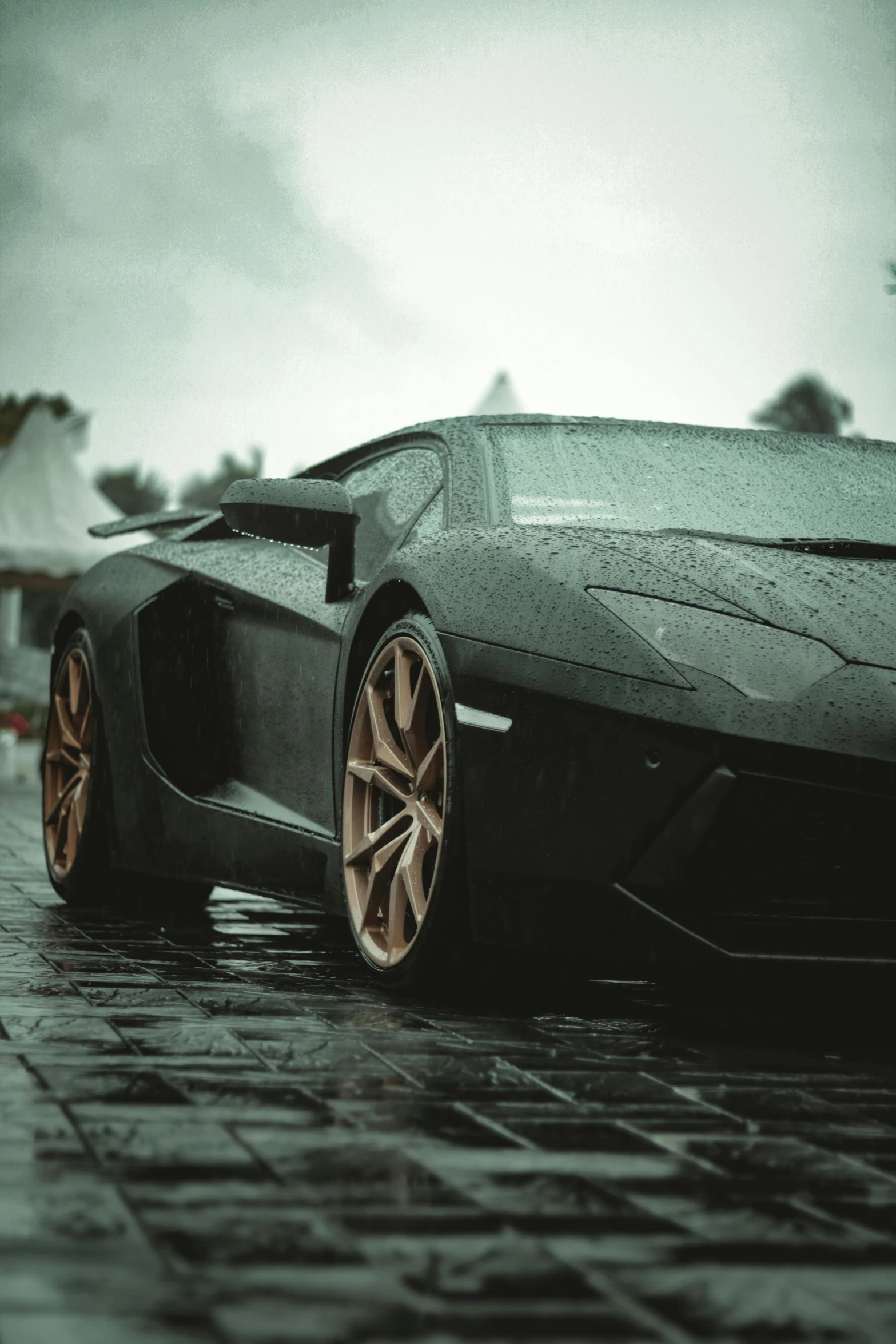 a black sports car parked on a wet street, a 3D render, by Adam Marczyński, pexels contest winner, lamborghini, rain and mud, trending on unreal engine, instagram post