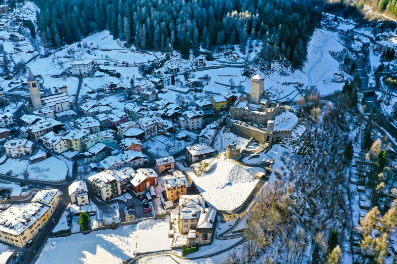 an aerial view of a village in the mountains, by Carlo Martini, pexels contest winner, renaissance, stunning skied, thumbnail, high angle uhd 8 k, conde nast traveler photo