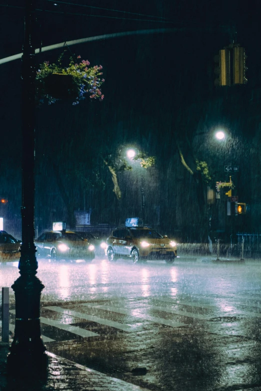 a city street filled with lots of traffic at night, an album cover, inspired by Elsa Bleda, realism, downpour, square, medium, wet climate