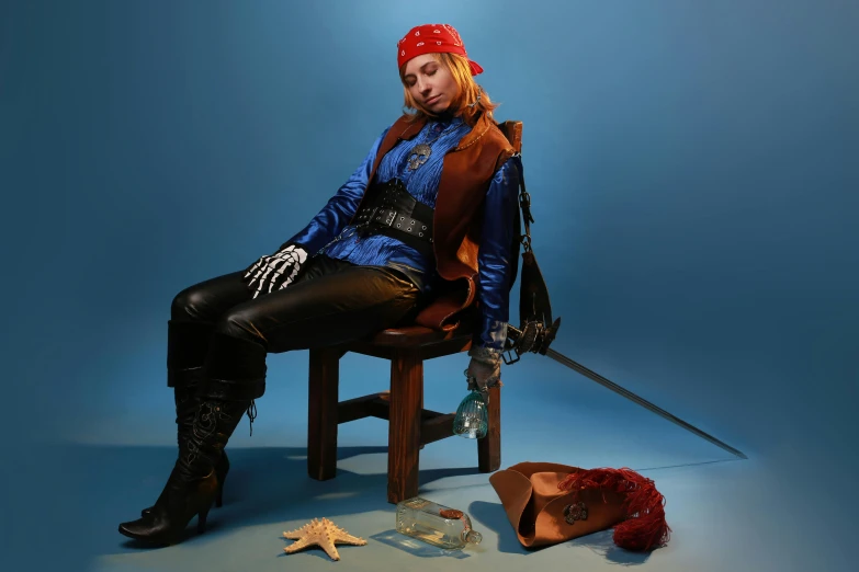 a woman sitting on a chair with a sword, pirate themed, with a blue background, shot with sony alpha 1 camera, avatar image