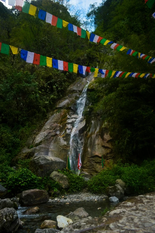 a stream running through a lush green forest next to a waterfall, hurufiyya, prayer flags, slide show, in the hillside, confetti