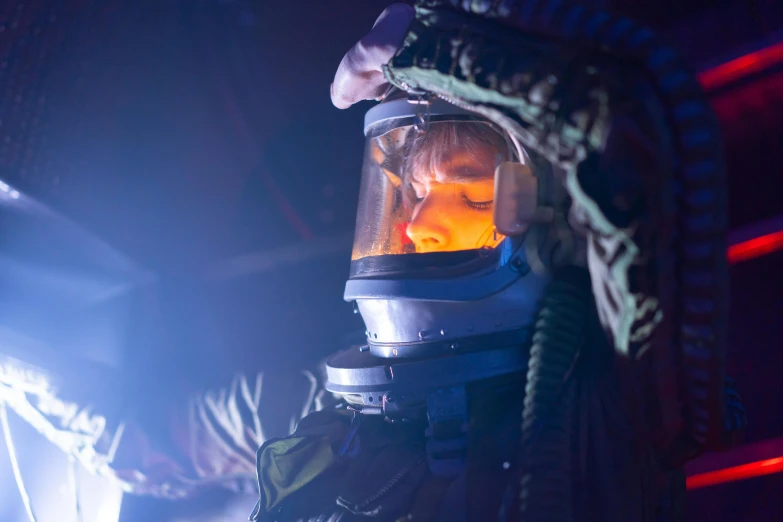 a close up of a person in a space suit, light and space, anaesthetic, upside down stranger things, on set, getty images