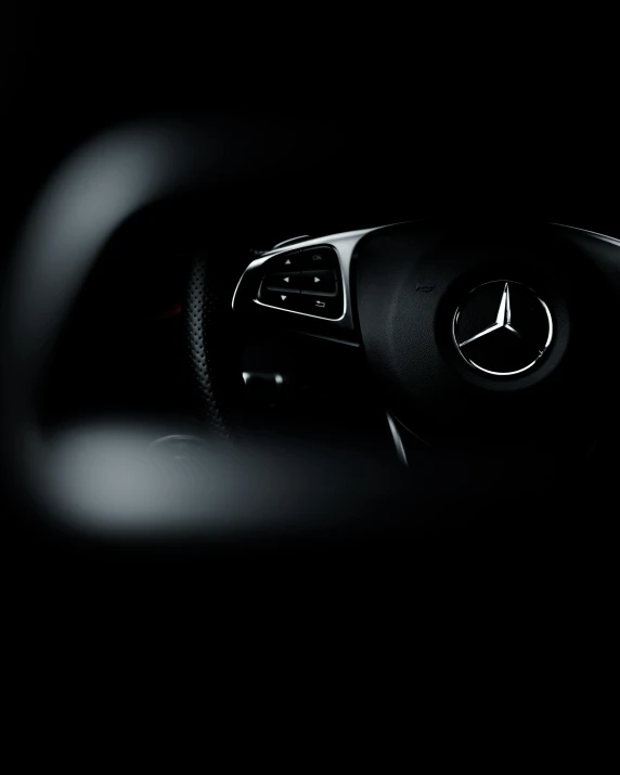 a close up of a steering wheel in a car, by Thomas Bock, pexels contest winner, conceptual art, mercedez benz, lurking in the darkness, square, white on black