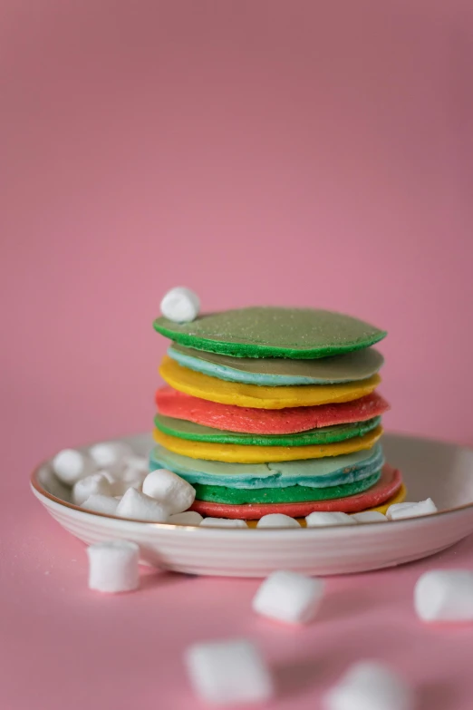 a stack of pancakes on a plate with marshmallows, inspired by Peter Alexander Hay, color field, multiple colors, cookies, felt, 🍸🍋