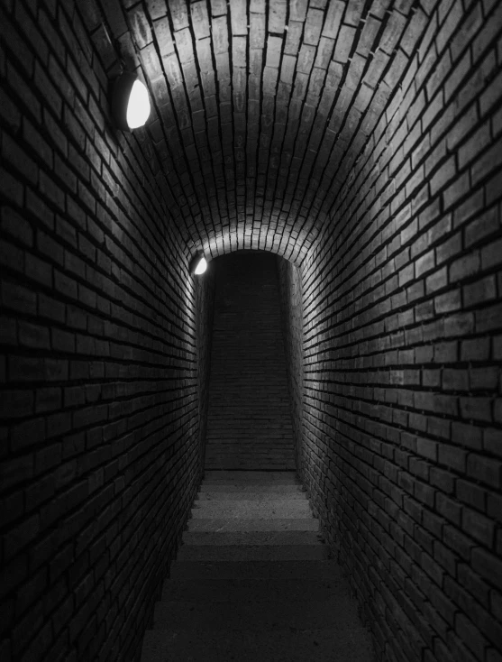 a black and white photo of a brick tunnel, by Anna Haifisch, conceptual art, volumetric lighting - n 9, dark-art, hallway landscape, scp 173