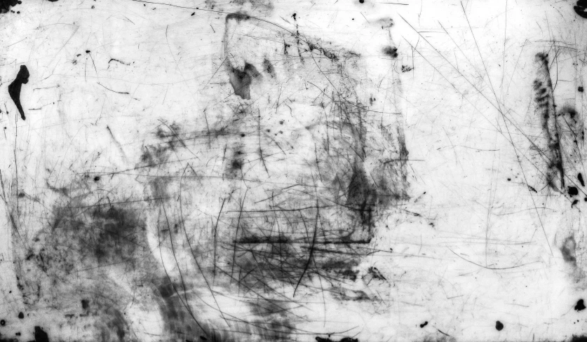 a black and white photo of a man's face, an abstract drawing, by Daniel Gelon, lyrical abstraction, scratches and burns on film, saatchi art, [ metal ], drawing on a parchment
