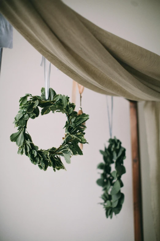 a couple of wreaths hanging from a curtain, by Penelope Beaton, trending on unsplash, interior of a tent, monochromatic green, bedhead, small crown