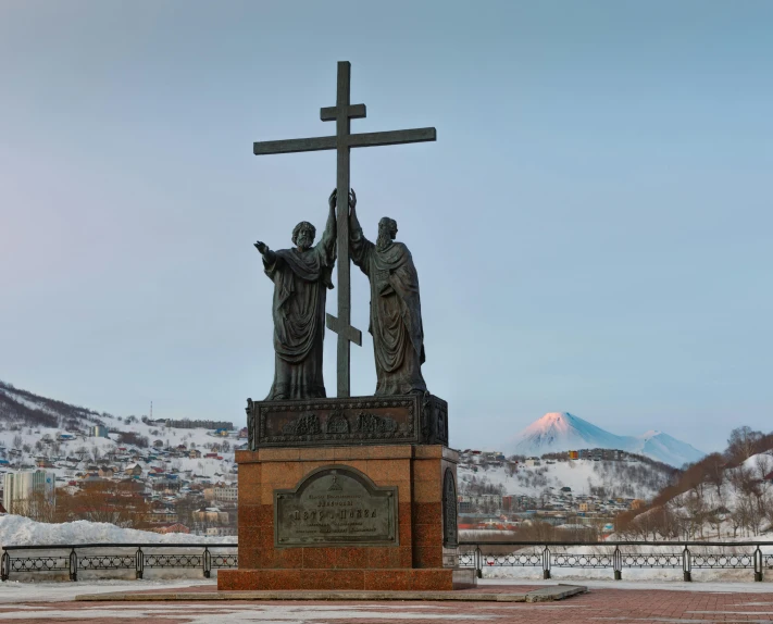 a statue of three people standing next to a cross, by Arthur Sarkissian, pexels contest winner, russian villages at background, square, january, ayanamikodon and irakli nadar