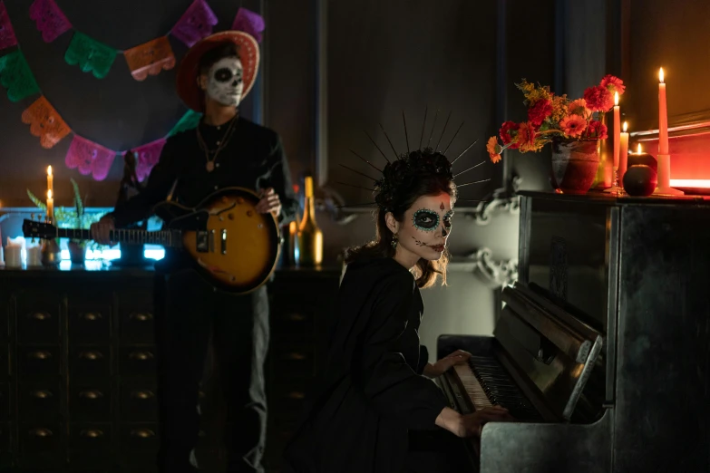 a couple of people that are playing a piano, vanitas, dia de muertos dress and make up, shot with sony alpha, band playing, movie still