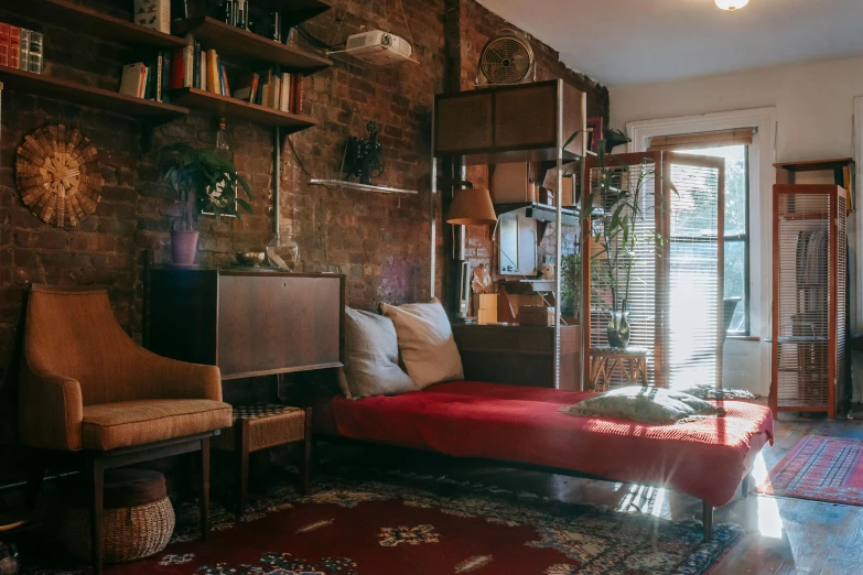 a living room filled with furniture and a brick wall, a portrait, unsplash contest winner, red and brown color scheme, sun puddle, from the outside it looks folksy, sydney hanson