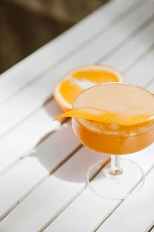 a glass of orange juice sitting on top of a table