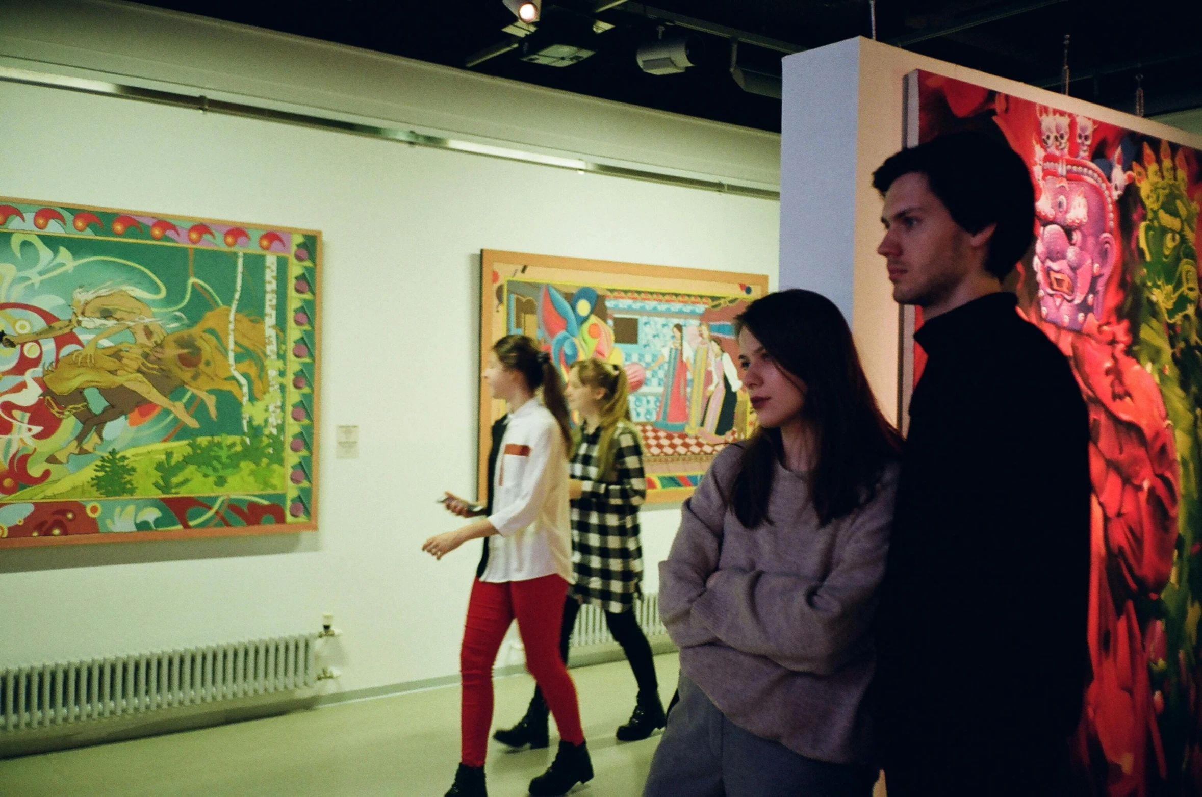 a couple of people that are standing in a room, visual art, sovietwave aesthetic, in an art gallery], college, kalevala