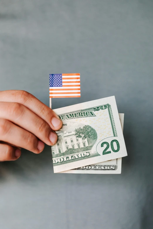 a person holding a stack of money with an american flag sticking out of it, a colorized photo, trending on unsplash, 🚿🗝📝
