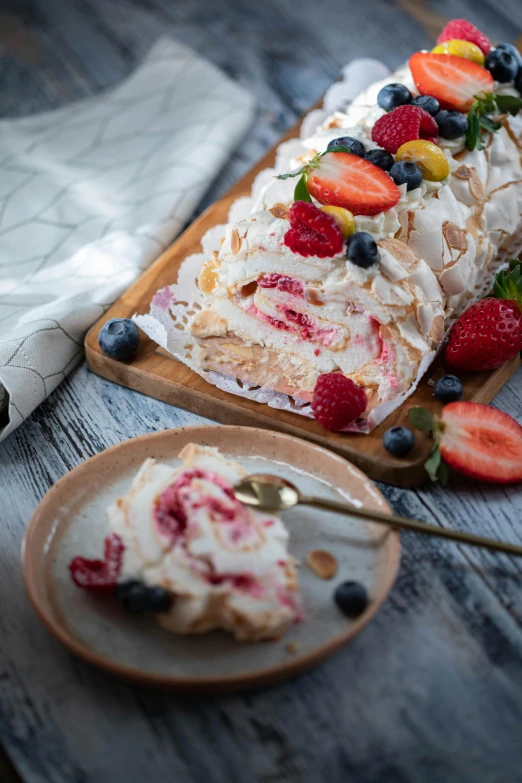 a piece of cake sitting on top of a wooden cutting board, by Andries Stock, unsplash, baroque, summer vibrance, stuffed, next to sliced strawberries, hurricane