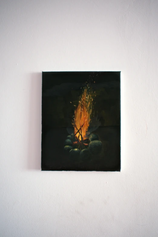 a painting hanging on the wall of a room, inspired by Einar Hakonarson, at a campfire at night, resin painting, jen atkin, ultra realist