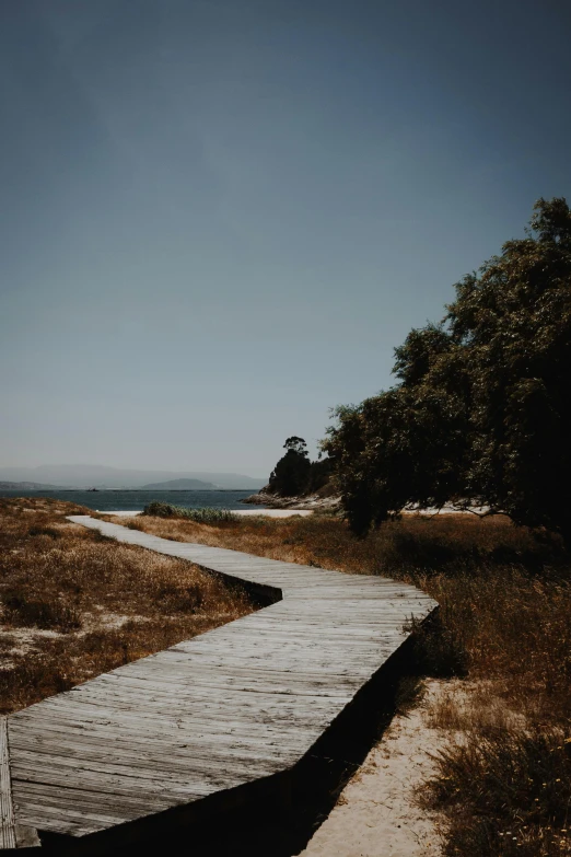 a wooden path leading to a sandy beach, a picture, unsplash, land art, greece, low quality footage, multiple stories, trees around