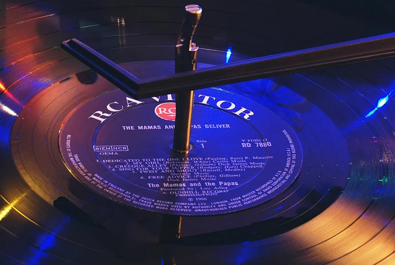 a record clock sitting on top of a table, an album cover, by Matt Cavotta, pexels contest winner, 1957, blue velvet, thumbnail, low detail